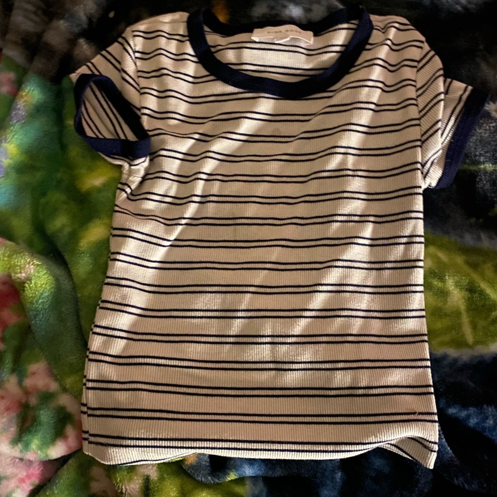 Pink Rose Blue and White Striped Short Sleeve Tee